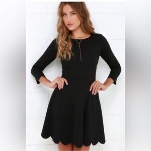 Lulu's Classic Black Skater Scallop Hem 3/4 Sleeve Dress L Large Cumulonimbus